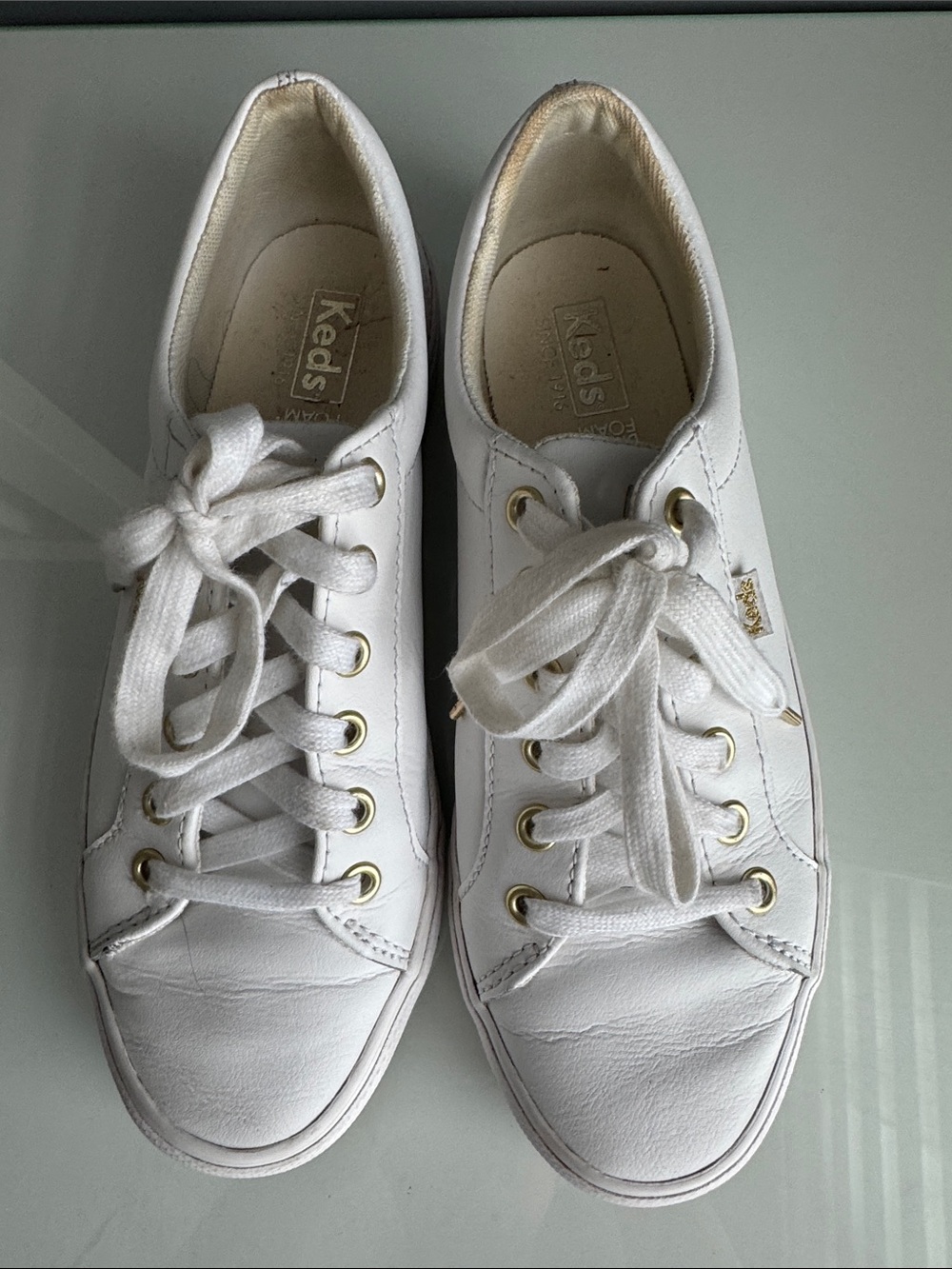 Keds White Leather Lace-Up Sneakers with Gold Eyelets